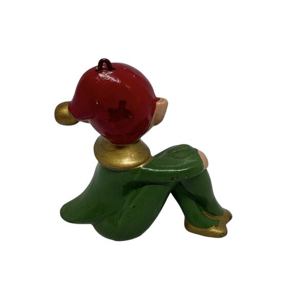 1950s Christmas Seated Pixie Elf Ceramic Ornament Red Hair Green Outfit Japan - Picture 3 of 11